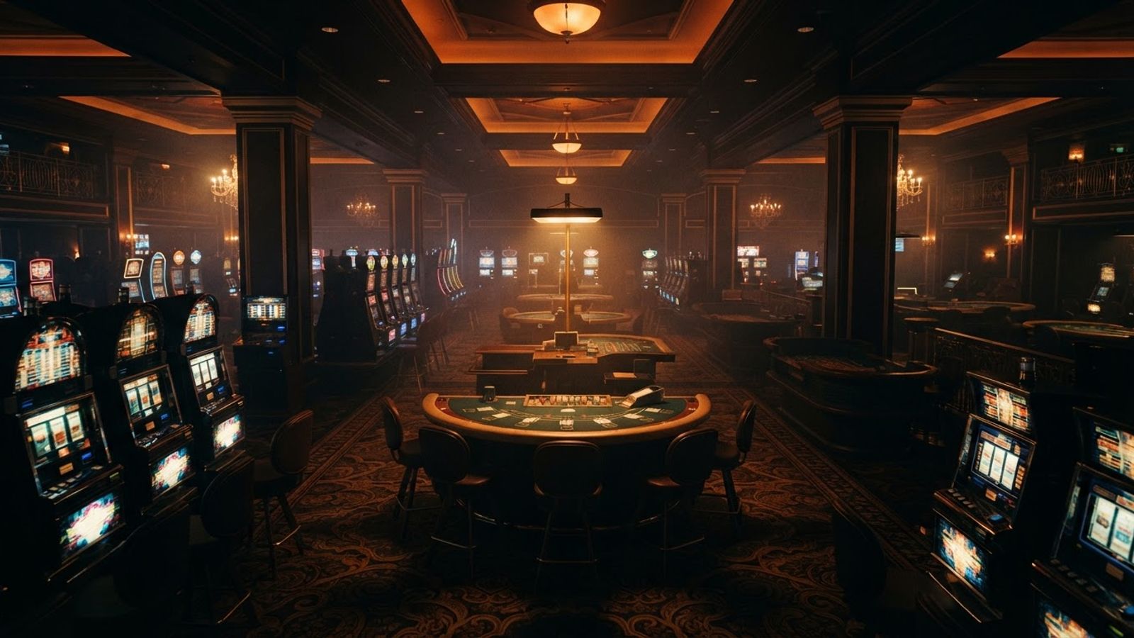 Donkere casinozaal met gokkasten en tafels in oranje sfeer