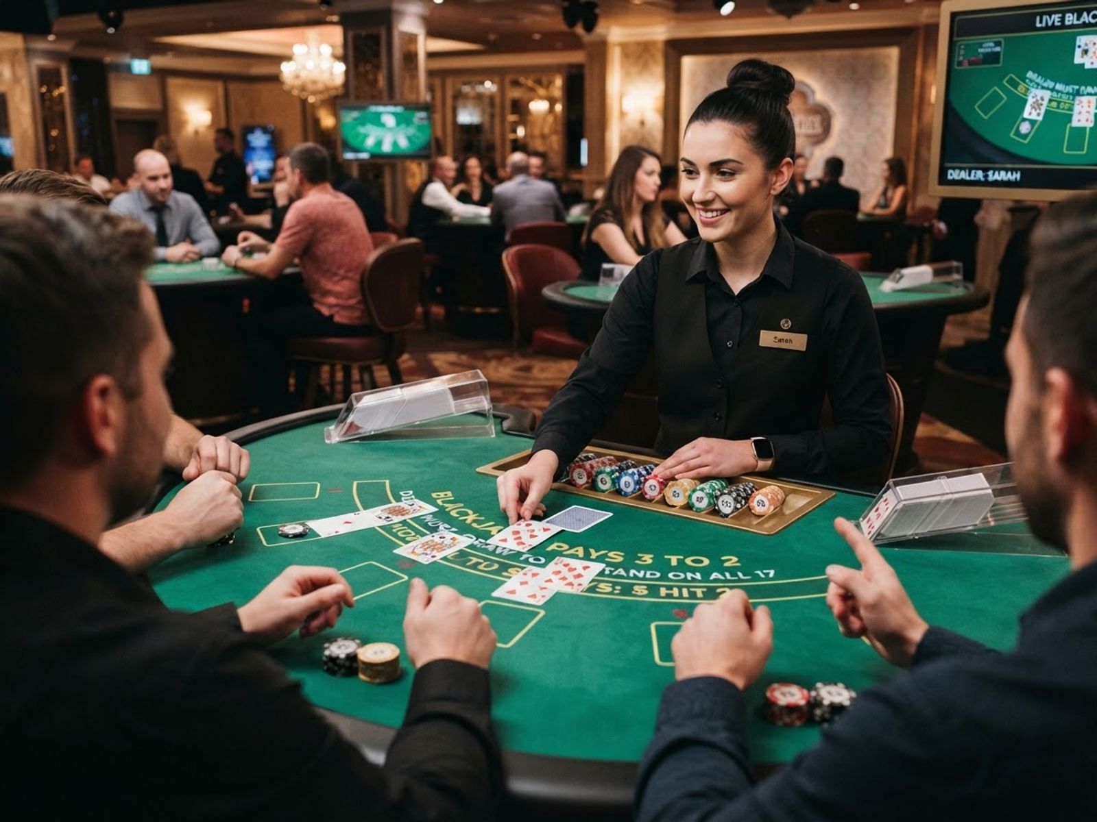 Live blackjack tafel met dealer en kaarten
