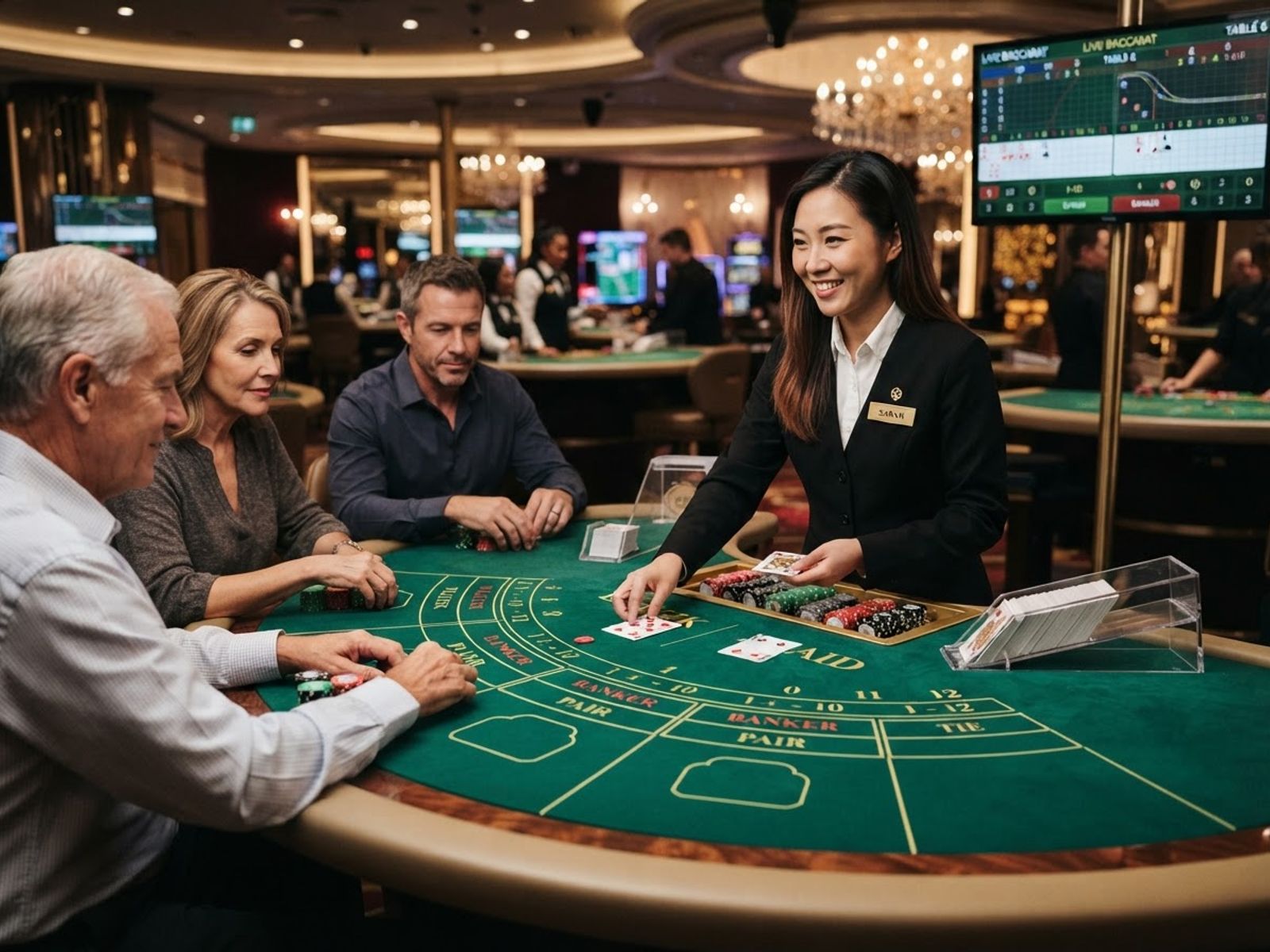 Live baccarat tafel met dealer en kaarten