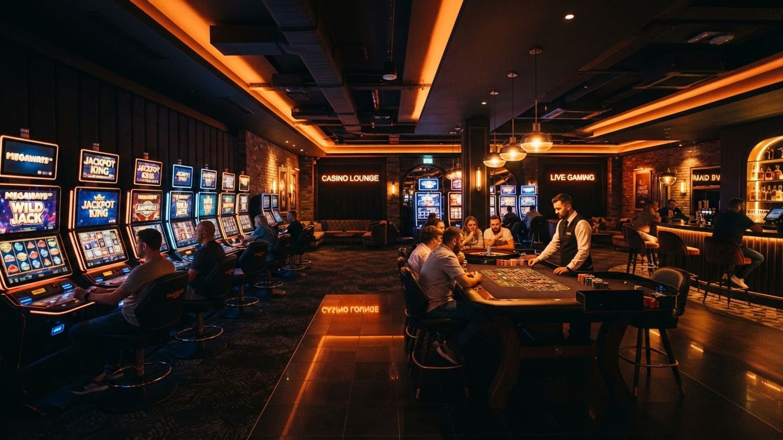 Casinozaal met gokkasten en roulettetafel in oranje sfeer